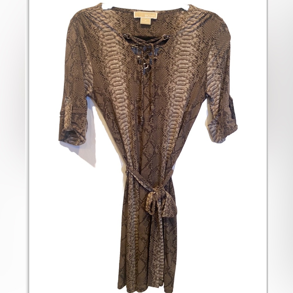 🤎Michael Kors Fitted Jersey Dress Snakeskin Style - Chic & Stylish Size P (XS).